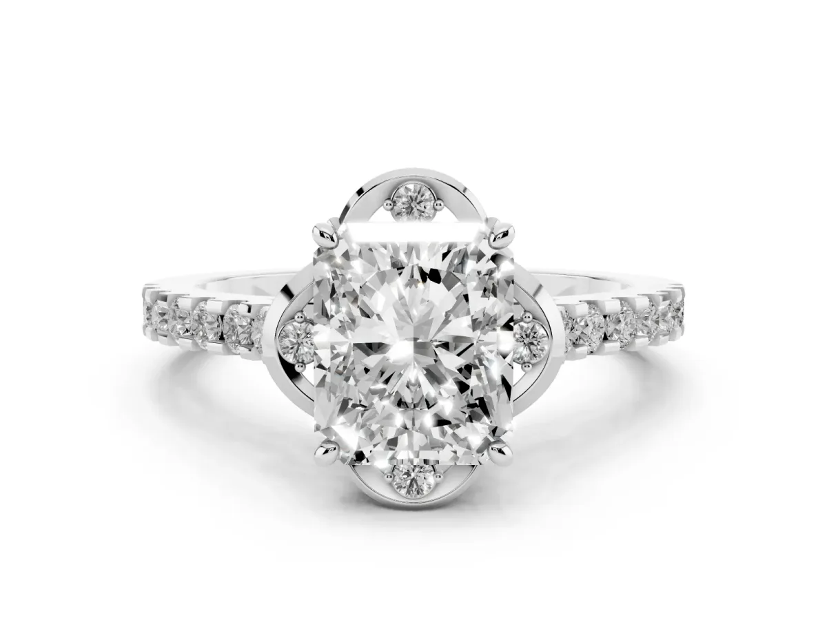 Radiant Cut Diamond Ring with Pavé Band and Floral Prong Setting Silver