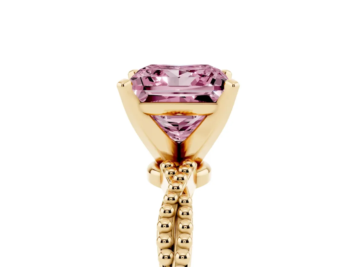 Fancy Pink Princess Cut Solitaire Twisted Band with Bead Prong Setting Yellow gold