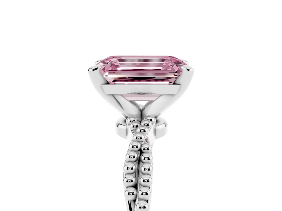Fancy Pink Emerald Cut Solitaire Twisted Band with Bead Prong Setting Platinum