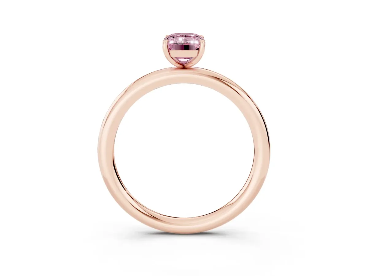 Fancy Pink Emerald Cut Solitaire Diamond Ring with Four-Prong Setting on a Plain Band Rose gold