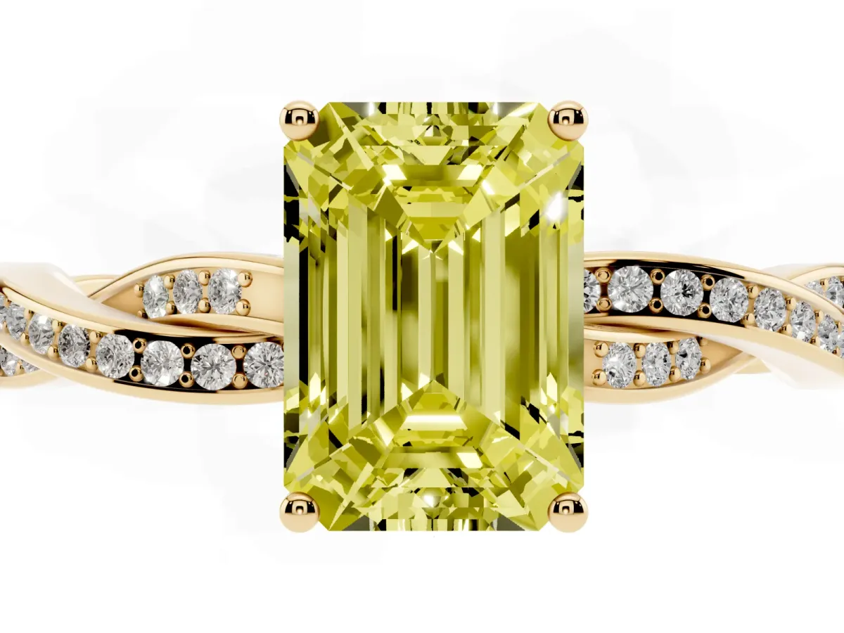 Fancy Yellow Emerald Cut Solitaire Twisted Pave Diamond Ring with Four-Prong Setting Yellow gold