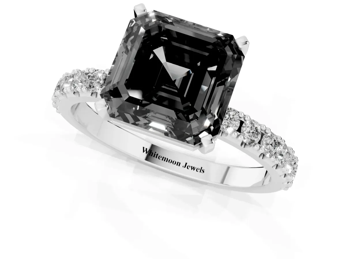 Fancy Black Asscher Cut Diamond Solitaire Pavé Band with Four-Prong Setting Silver
