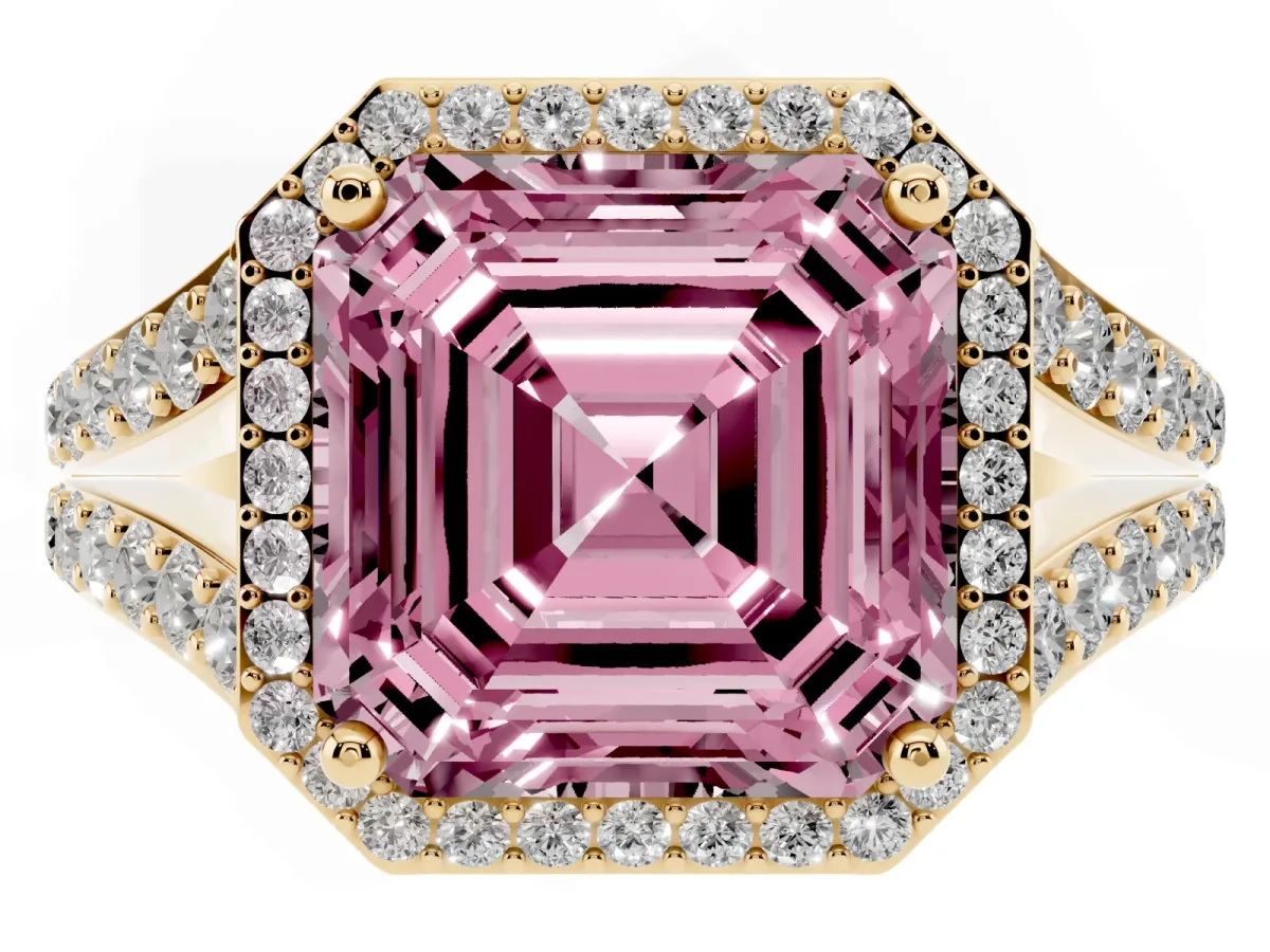 Fancy Pink Asscher Cut Diamond Split Shank Halo Ring with Four-Prong Setting Yellow gold