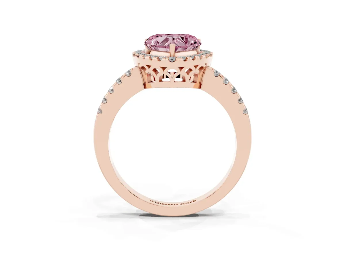Fancy Pink Heart Cut Halo Diamond Engagement Ring with Pavé Band and Four-Prong Setting Rose gold