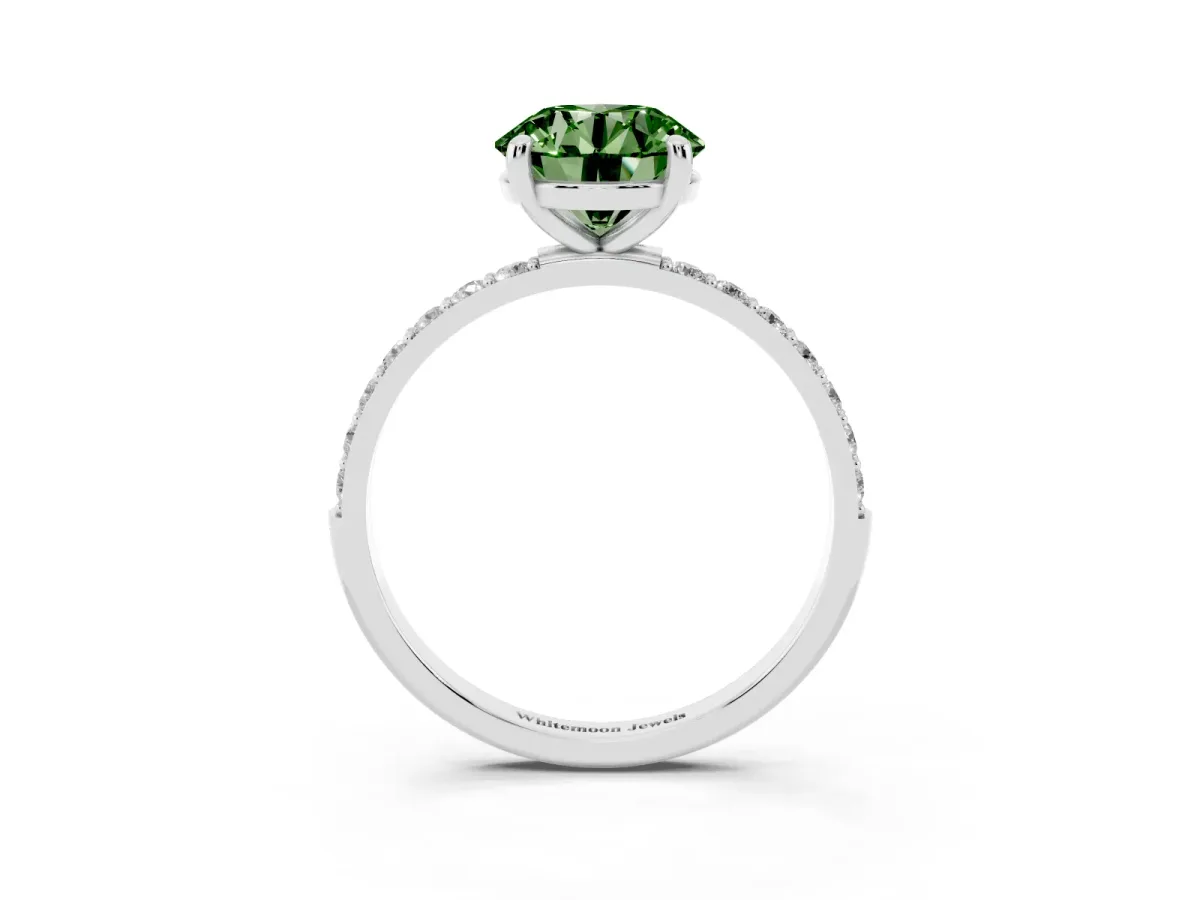 Fancy Green Round Cut Diamond Solitaire Ring with Round Pavé Band and Prong Setting Silver