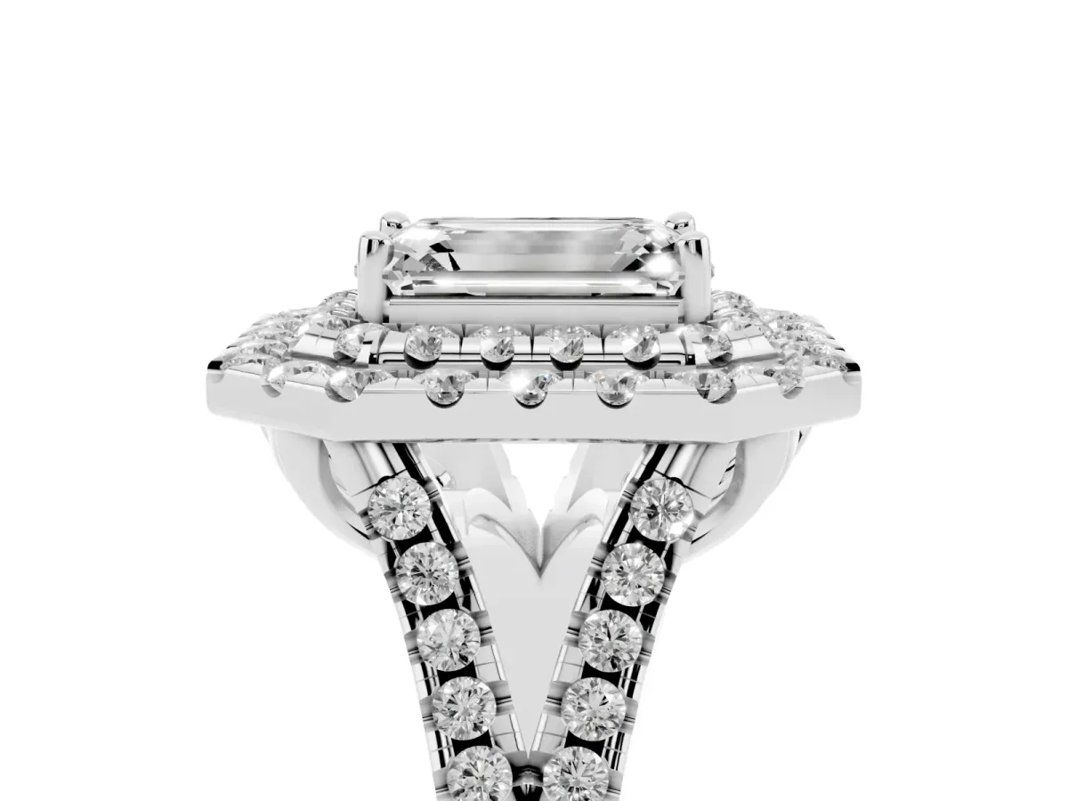 Double Halo Emerald Cut Diamond Pavé Split Shank Ring with Prong Setting White gold