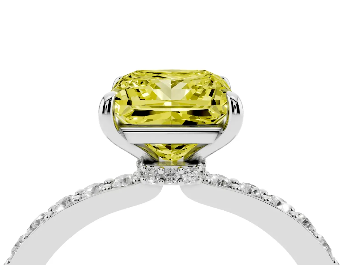 Fancy Yellow Princess Cut Diamond Pavé Engagement Ring with Round Accents and Prong Setting Silver