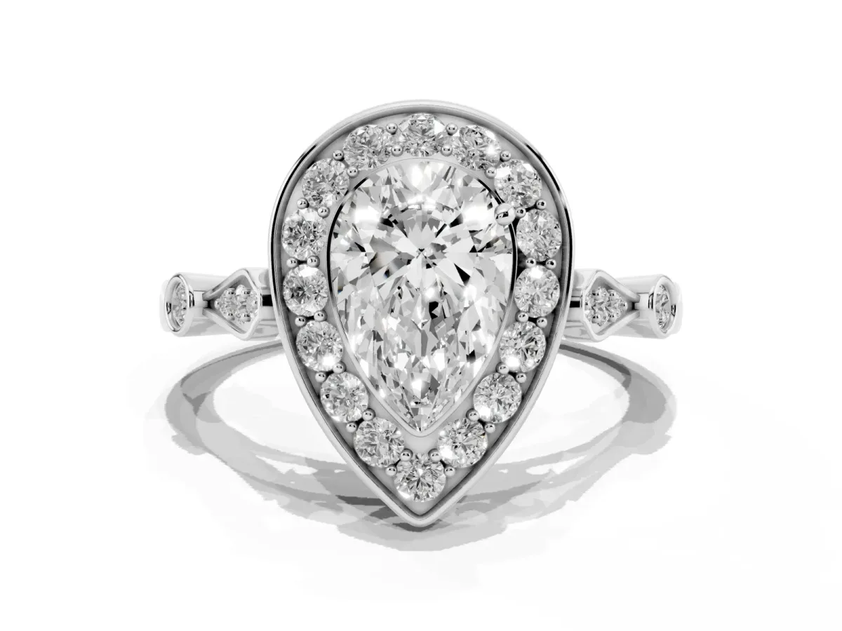 Pear Cut Halo Diamond Engagement Ring with Twisted Band and Four-Prong Setting Silver