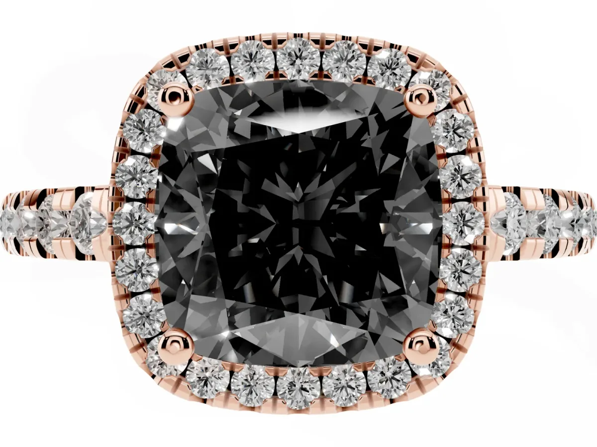 Fancy Black Cushion Cut Diamond Halo Ring with Pavé Band and Four-Prong Setting Rose gold