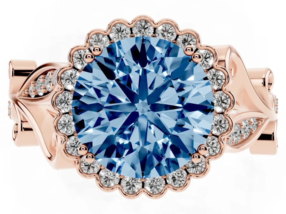 Fancy Blue Round Cut Diamond Halo Ring with Vintage Split Shank and Four-Prong Setting Rose gold