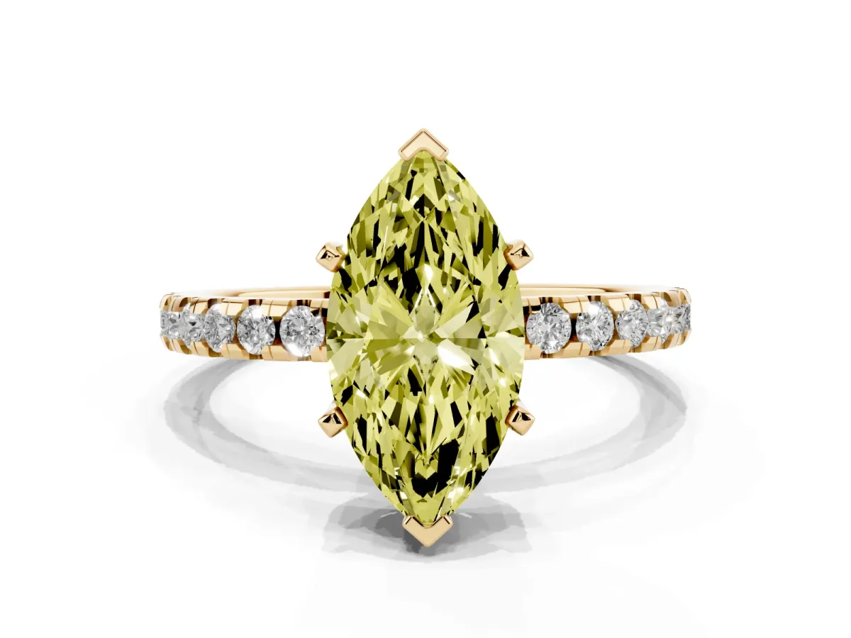Fancy Yellow Marquise Cut Diamond Solitaire Ring with Round Pavé Band and Four-Prong Setting Yellow gold