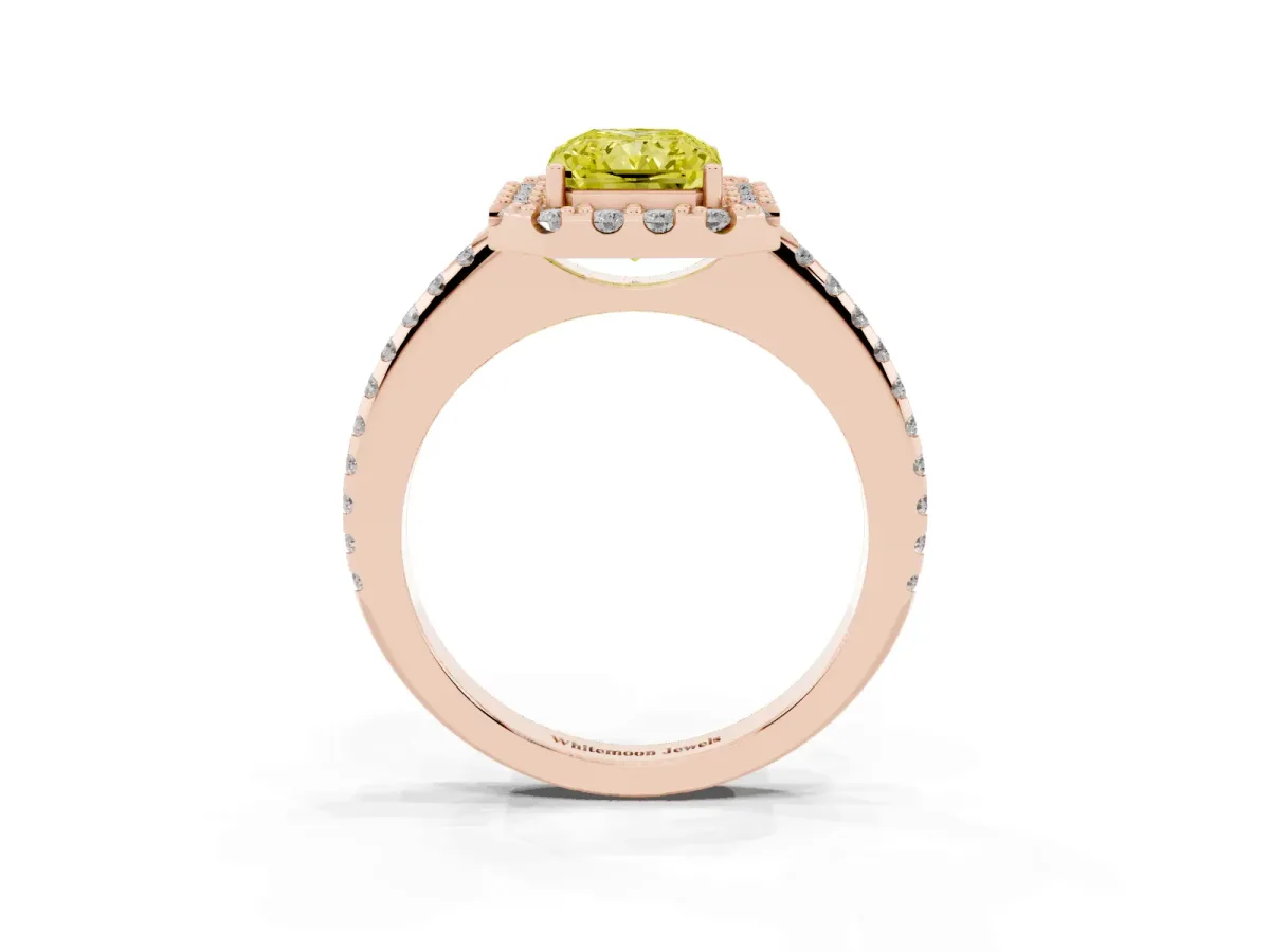 Fancy Yellow Radiant Cut Diamond Pavé Halo Ring with Four-Prong Setting Rose gold