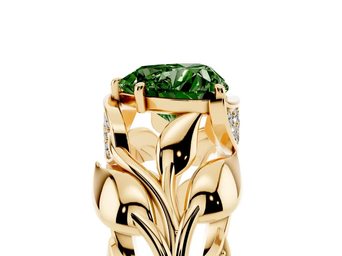 Fancy Green Heart Cut Diamond Leaf-Inspired Engagement Ring with Round Accents and Prong Setting Yellow gold