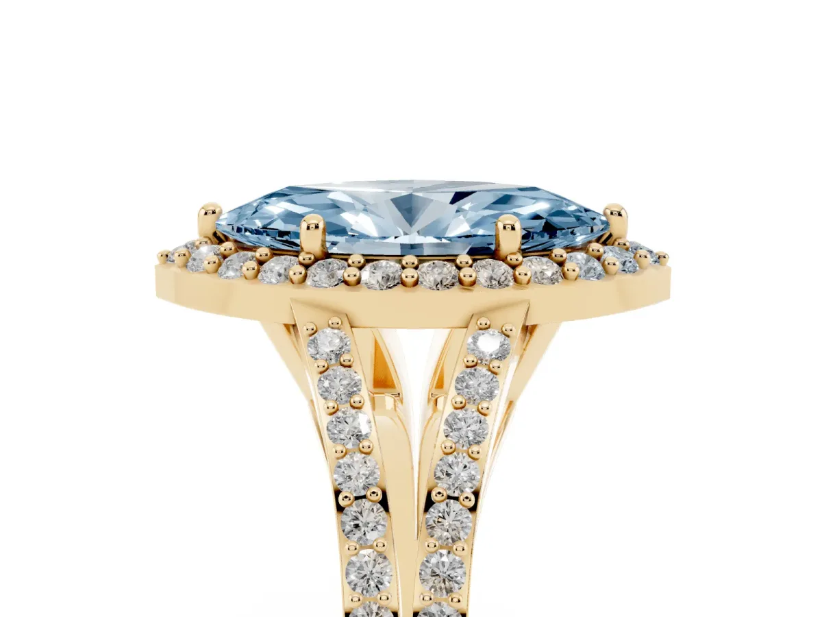 Fancy Blue Marquise Cut Halo Split Shank Pave Diamond Ring with Four-Prong Setting Yellow gold