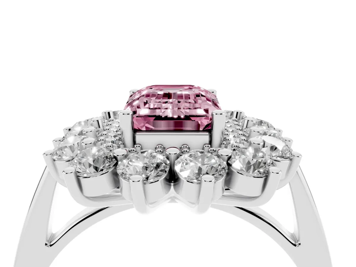 Fancy Pink Emerald Cut Diamond Floral Double Halo Engagement Ring with Prong Setting White gold