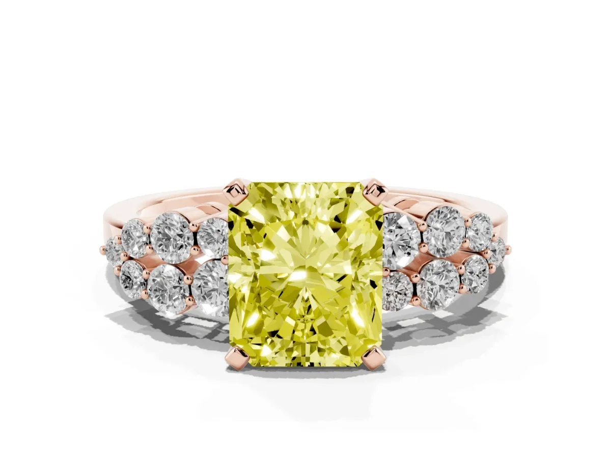 Fancy Yellow Radiant Cut Cluster Diamond Engagement Ring with Pavé Band and Four-Prong Setting Rose gold