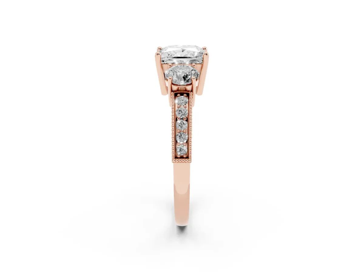 Princess Cut Three-Stone Diamond Ring with Pavé Band and Four-Prong Setting Rose gold