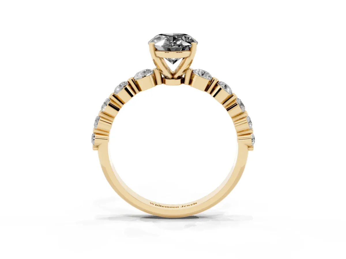 Fancy Black Oval Cut Solitaire Diamond Ring with Pave Band and Four-Prong Setting Yellow gold