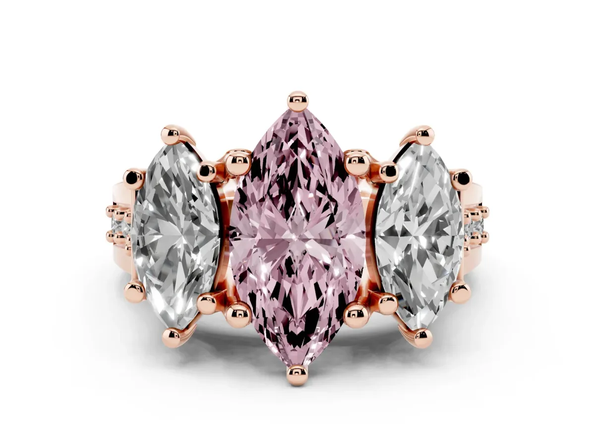 Fancy Pink Marquise Cut Diamond Three-Stone Ring with Channel Set Band and Four-Prong Setting Rose gold