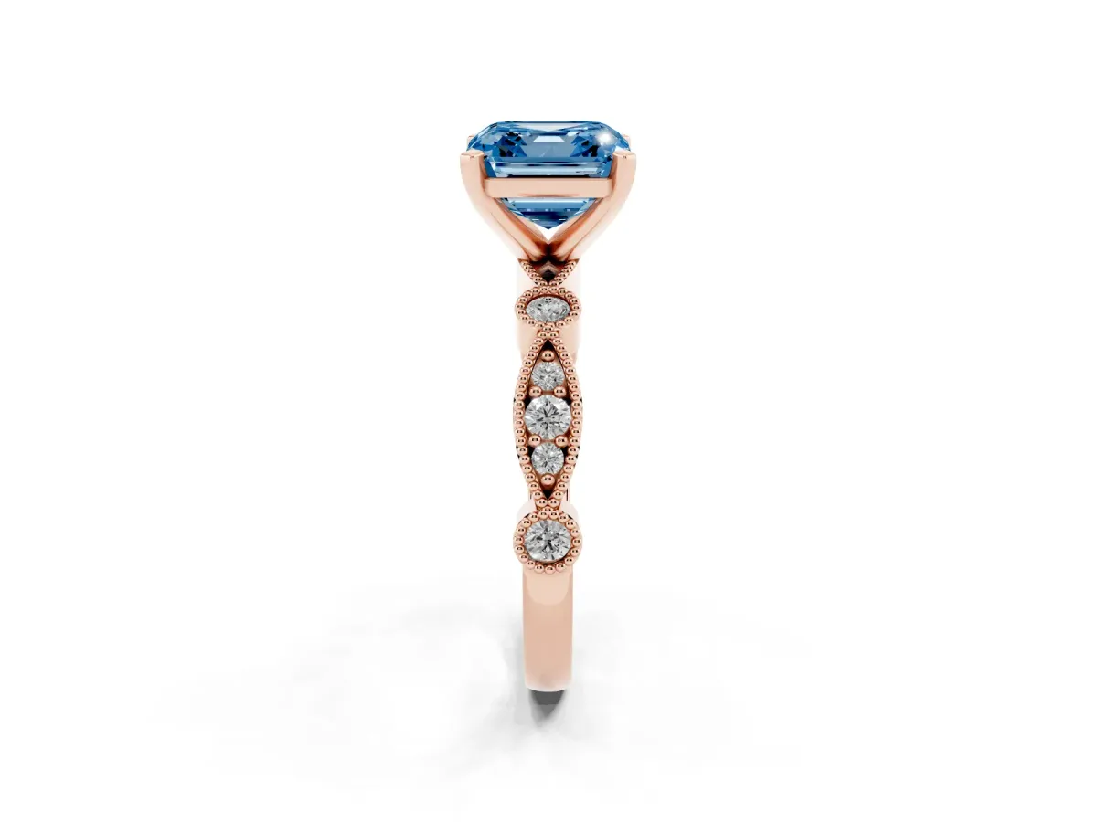 Fancy Blue Asscher Cut Milgrain Bezel Diamond Engagement Ring with Solitaire Prong Setting Rose gold