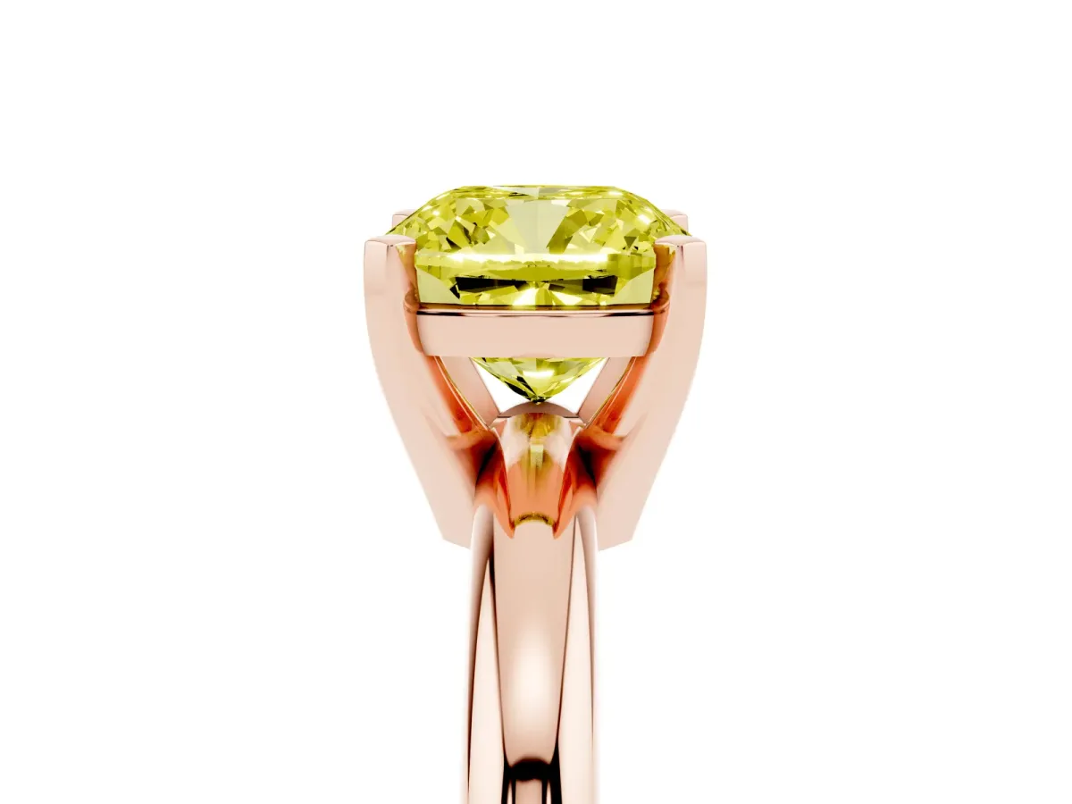 Fancy Yellow Cushion Cut Diamond Solitaire Engagement Ring with Round Band and Four-Prong Setting Rose gold