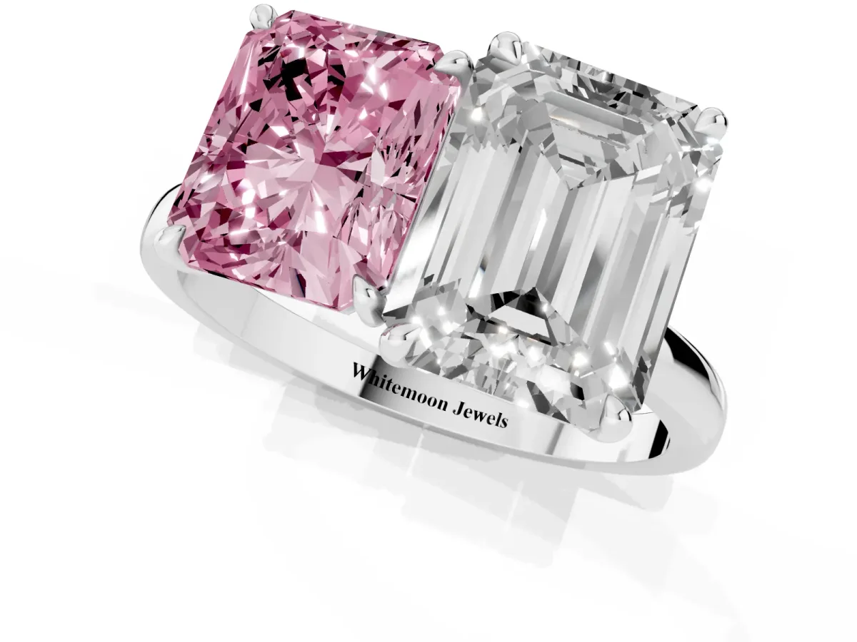 Fancy Pink Radiant Cut and Emerald Cut Toi Moi Ring with Prong Setting Silver
