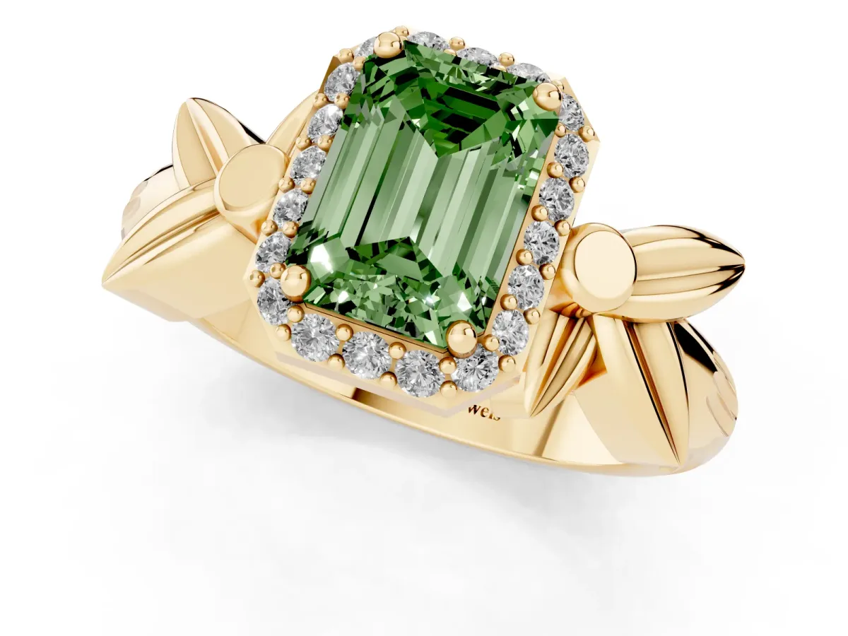 Fancy Green Emerald Cut Halo Diamond Floral Band with Four-Prong Setting Yellow gold