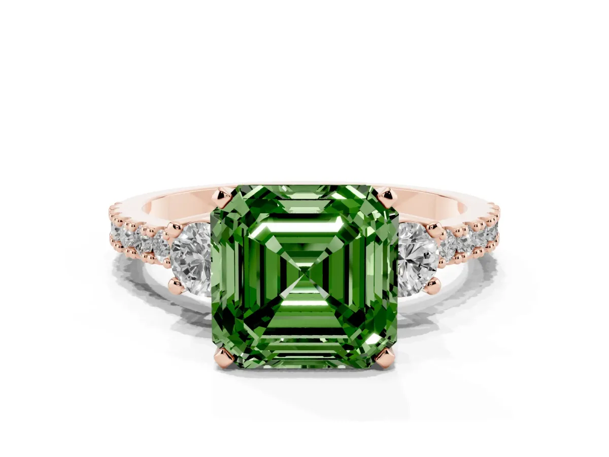 Fancy Green Asscher Cut Three-Stone Diamond Pavé Band with Prong Setting Rose gold