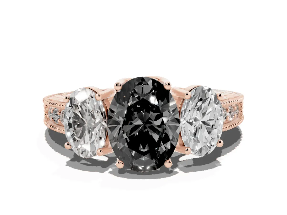 Fancy Black Three-Stone Oval Cut Cut Milgrain Pavé Engagement Ring Rose gold