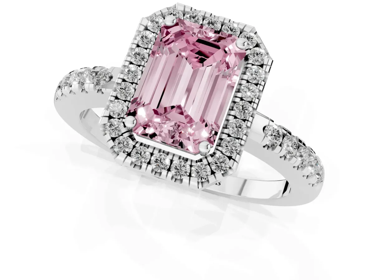 Fancy Pink Emerald Cut Halo Diamond Engagement Ring with Pavé Band and Four-Prong Setting Silver