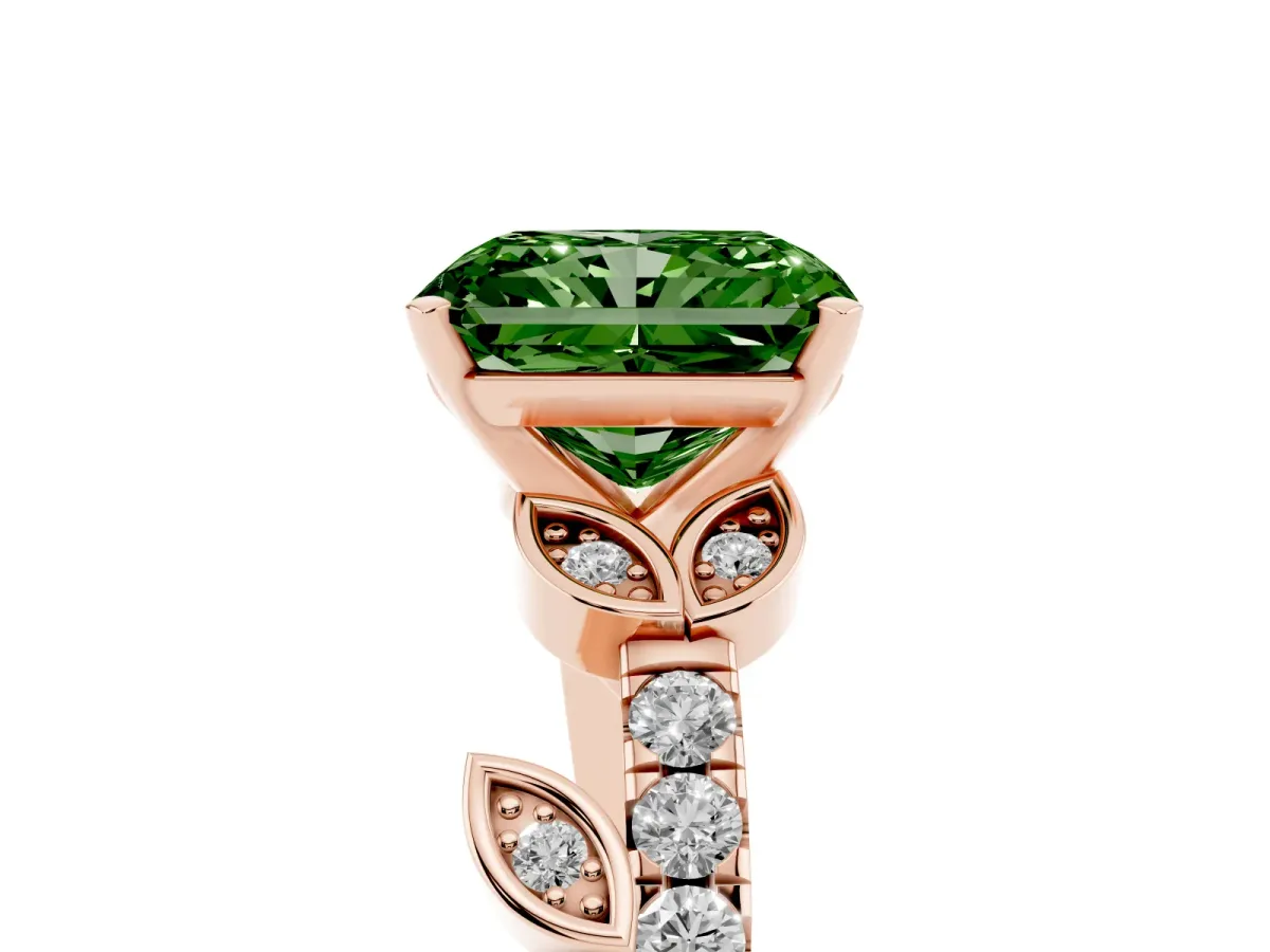 Fancy Green Radiant Cut Solitaire Leaf-Inspired Diamond Ring with Pavé Band and Four-Prong Setting Rose gold