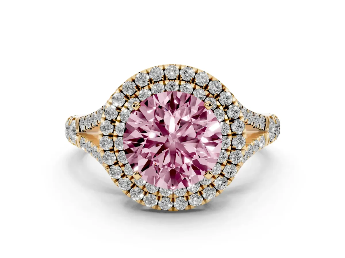 Fancy Pink Round Cut Diamond Double Halo Ring with Split Shank and Prong Setting Yellow gold
