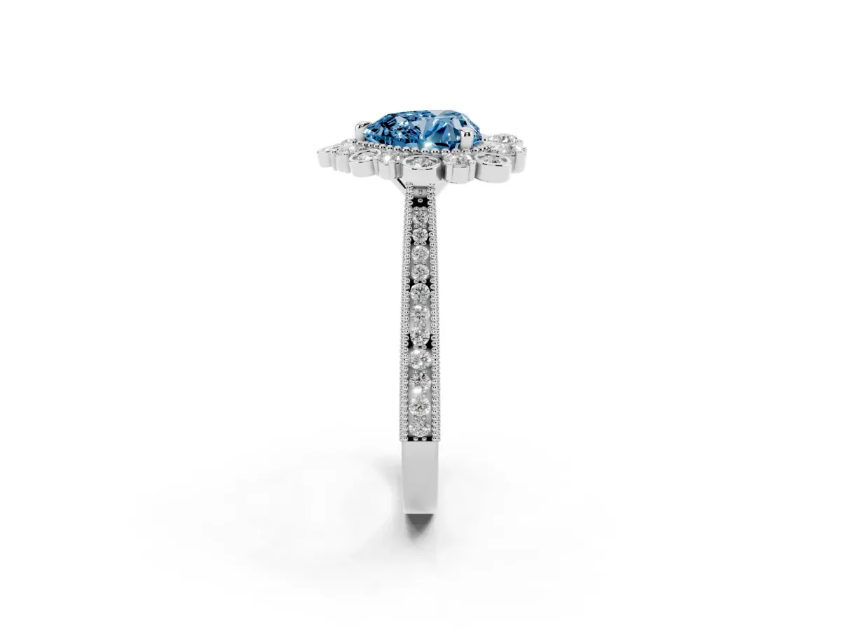 Fancy Blue Heart Cut Halo Milgrain Pave Diamond Ring with Four-Prong Setting Silver