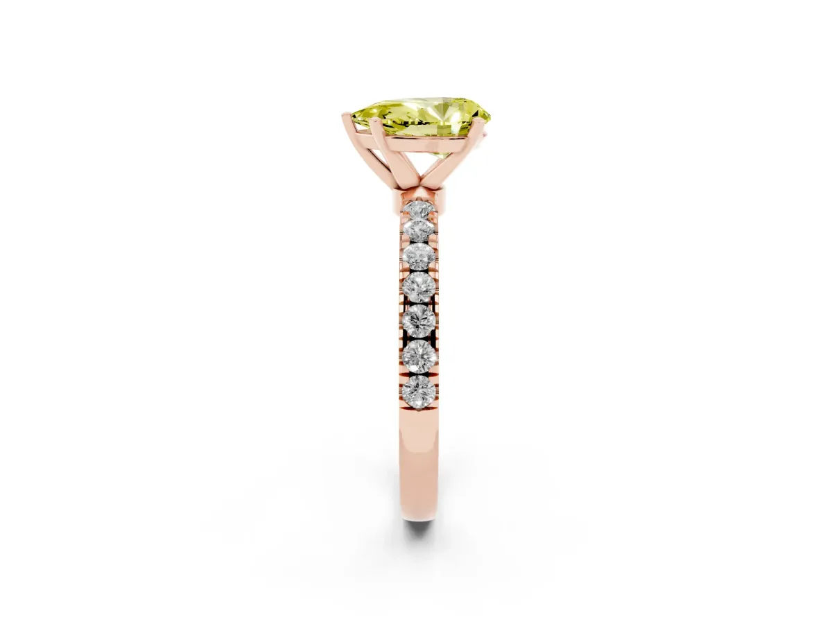 Fancy Yellow Pear Cut Diamond Solitaire Ring with Pavé Accents and Four-Prong Setting Rose gold