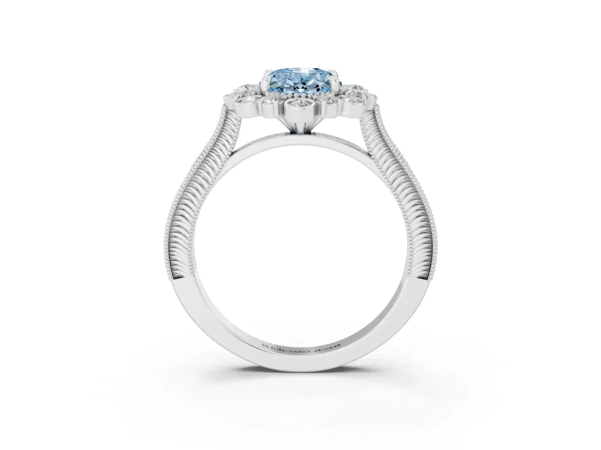 Fancy Blue Oval Cut Halo Milgrain Pave Diamond Ring with Four-Prong Setting Platinum