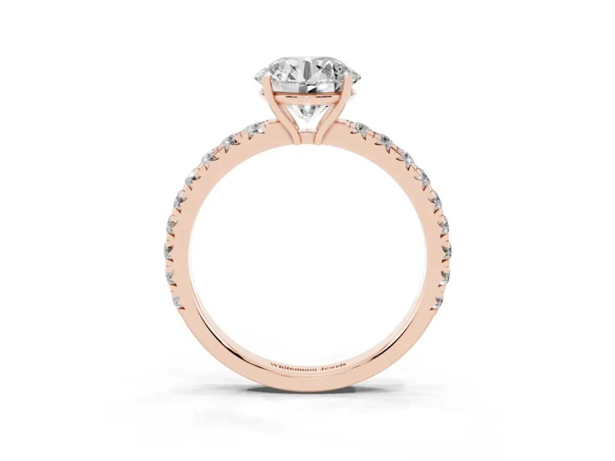 Round Cut Diamond Pavé Solitaire Engagement Ring with Four-Prong Setting Rose gold