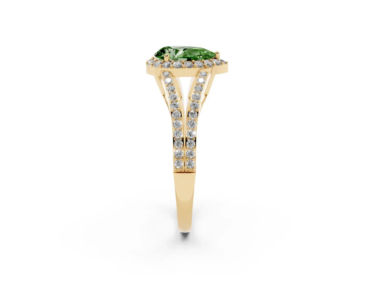 Fancy Green Pear Cut Halo Split Shank Diamond Ring with Prong Setting Yellow gold