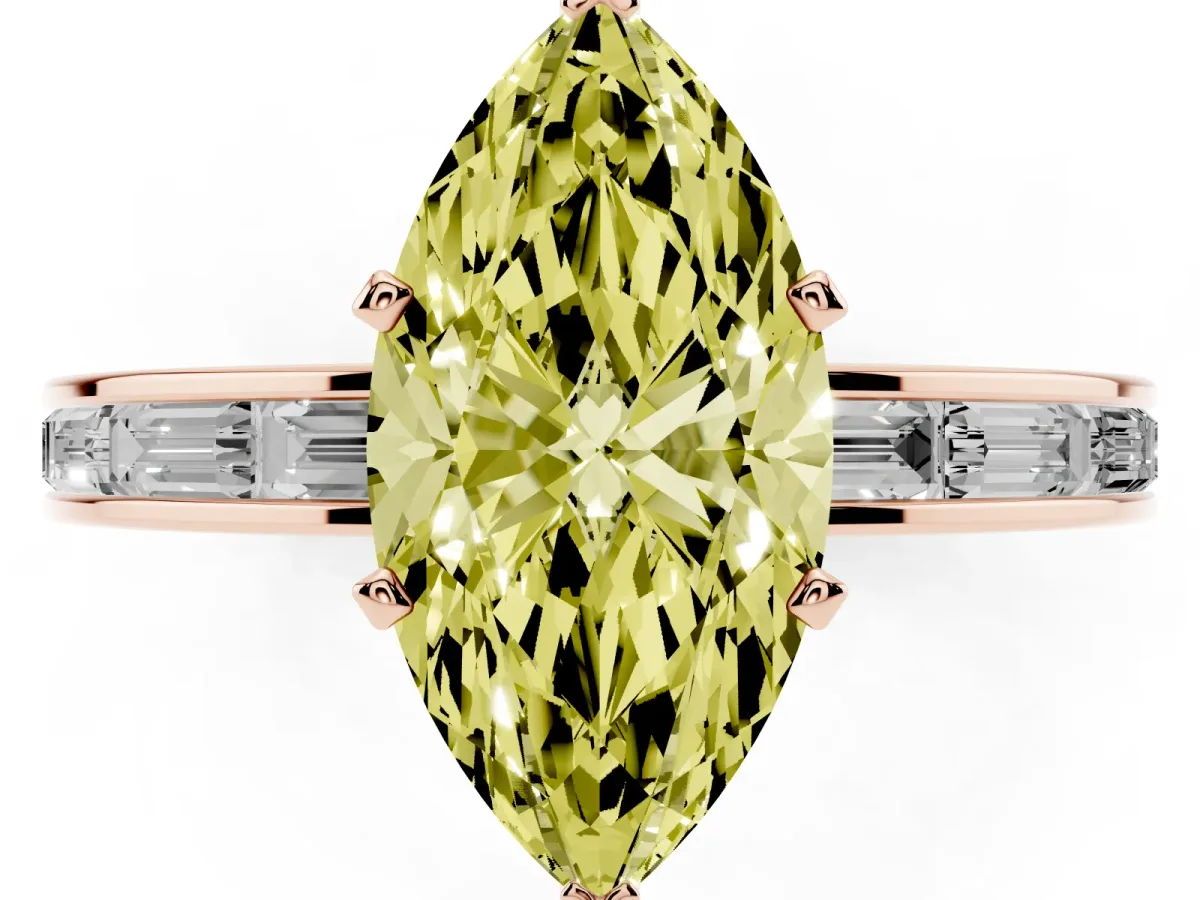 Fancy Yellow Marquise Cut Solitaire Diamond Ring with Channel-Set Baguette Band and Four-Prong Setting Rose gold