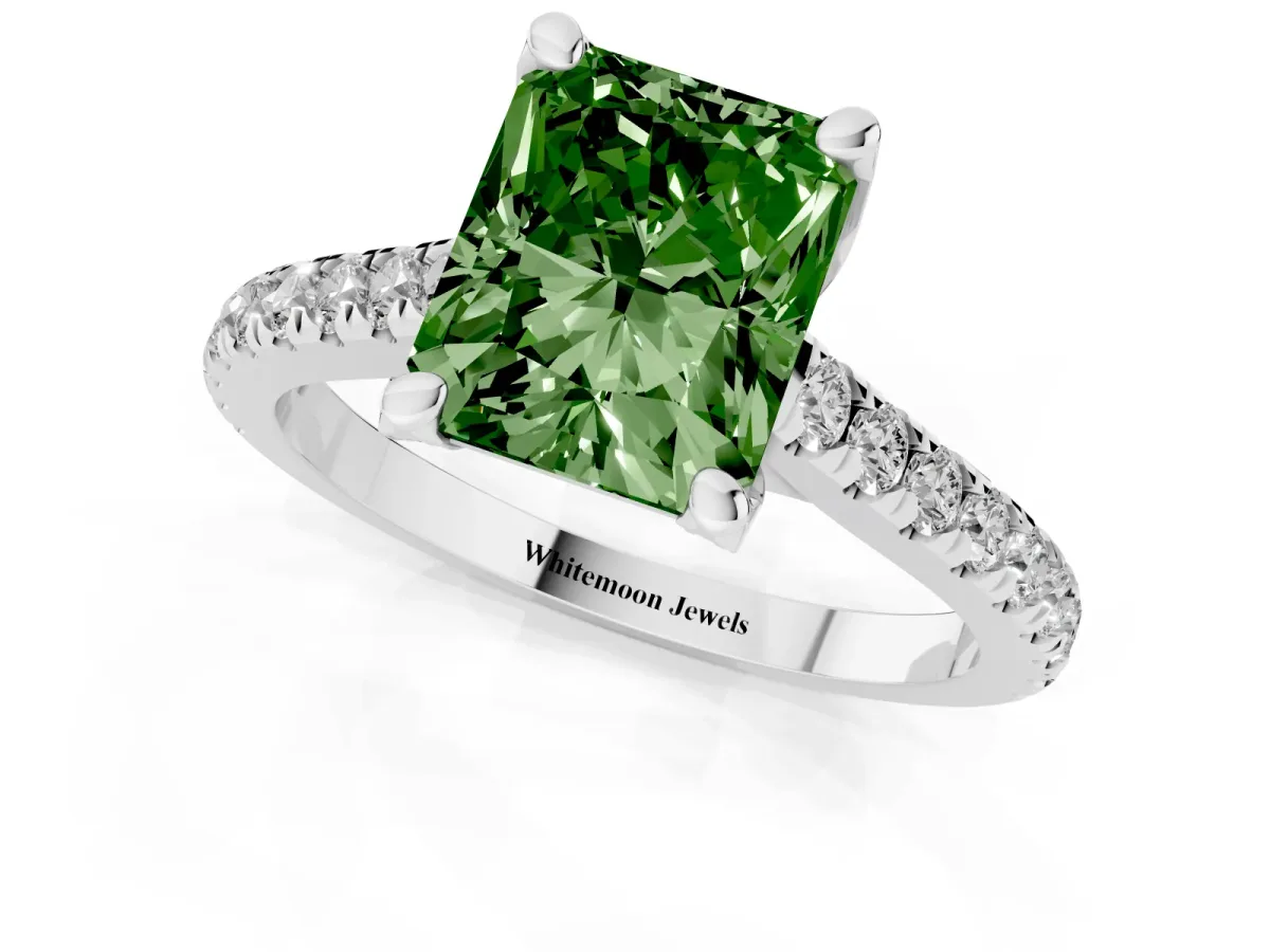 Fancy Green Radiant Cut Brilliant Diamond Solitaire with Pavé Band and Four-Prong Setting White gold