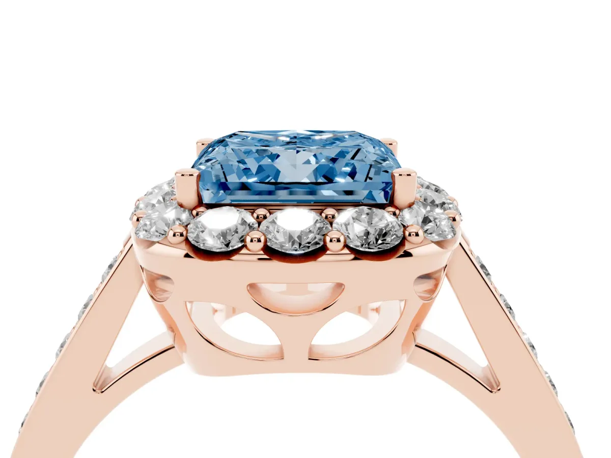 Fancy Blue Princess Cut Diamond Floral Halo Ring with Pavé Band and Prong Setting Rose gold