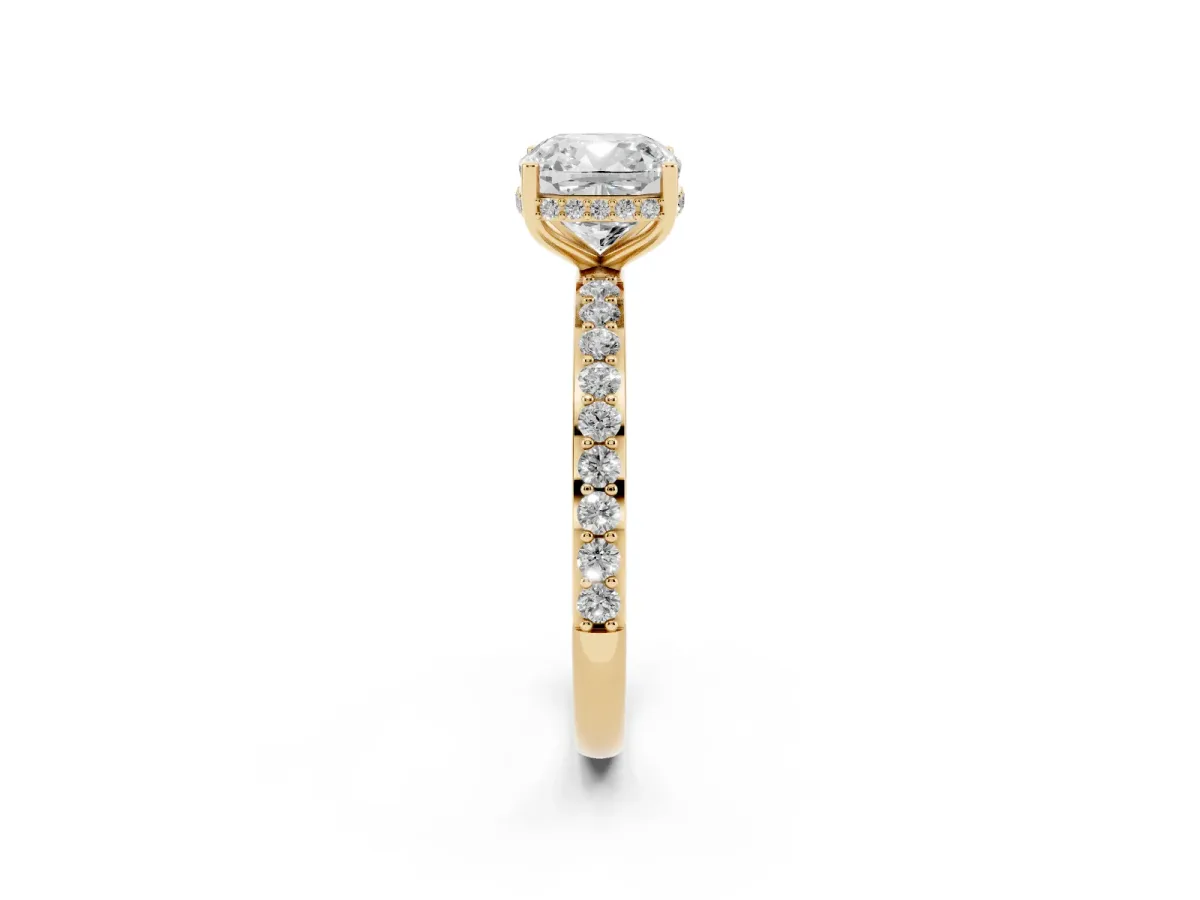 Cushion Cut Diamond Solitaire Ring with Pavé Band and Hidden Halo Yellow gold