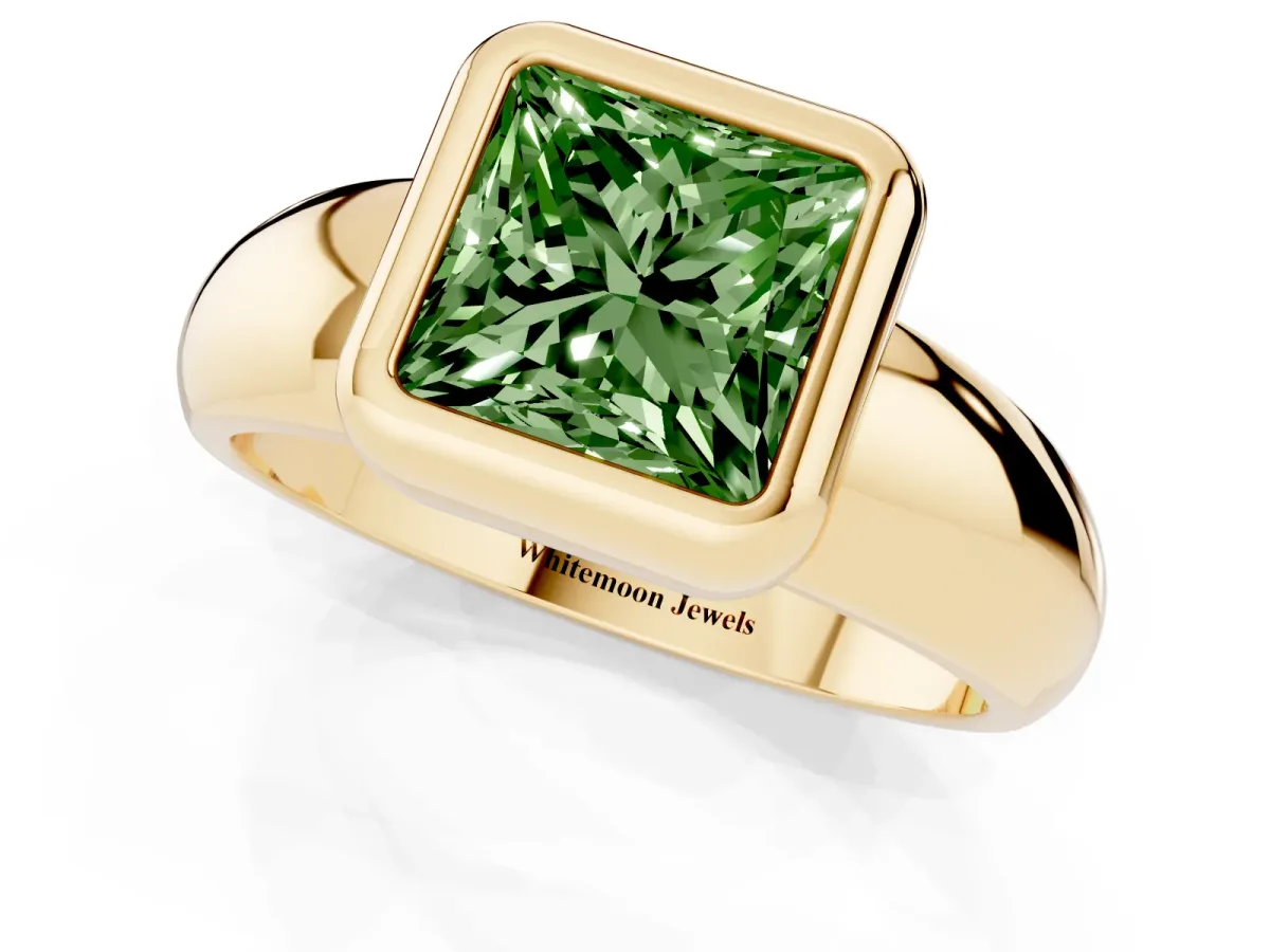 Fancy Green Bezel Set Princess Cut Solitaire Ring with Wide Band Yellow gold