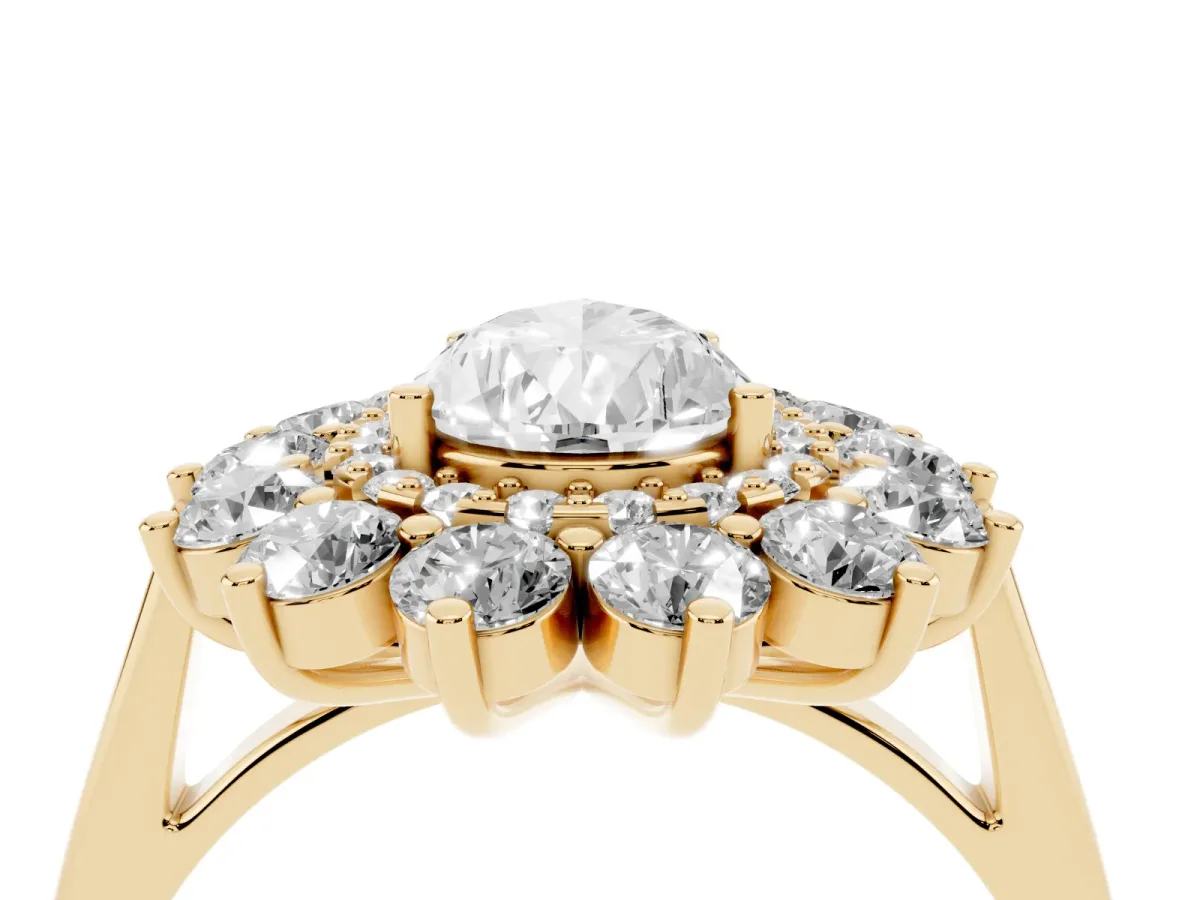 Pear Cut Diamond Floral Double Halo Engagement Ring with Prong Setting Yellow gold