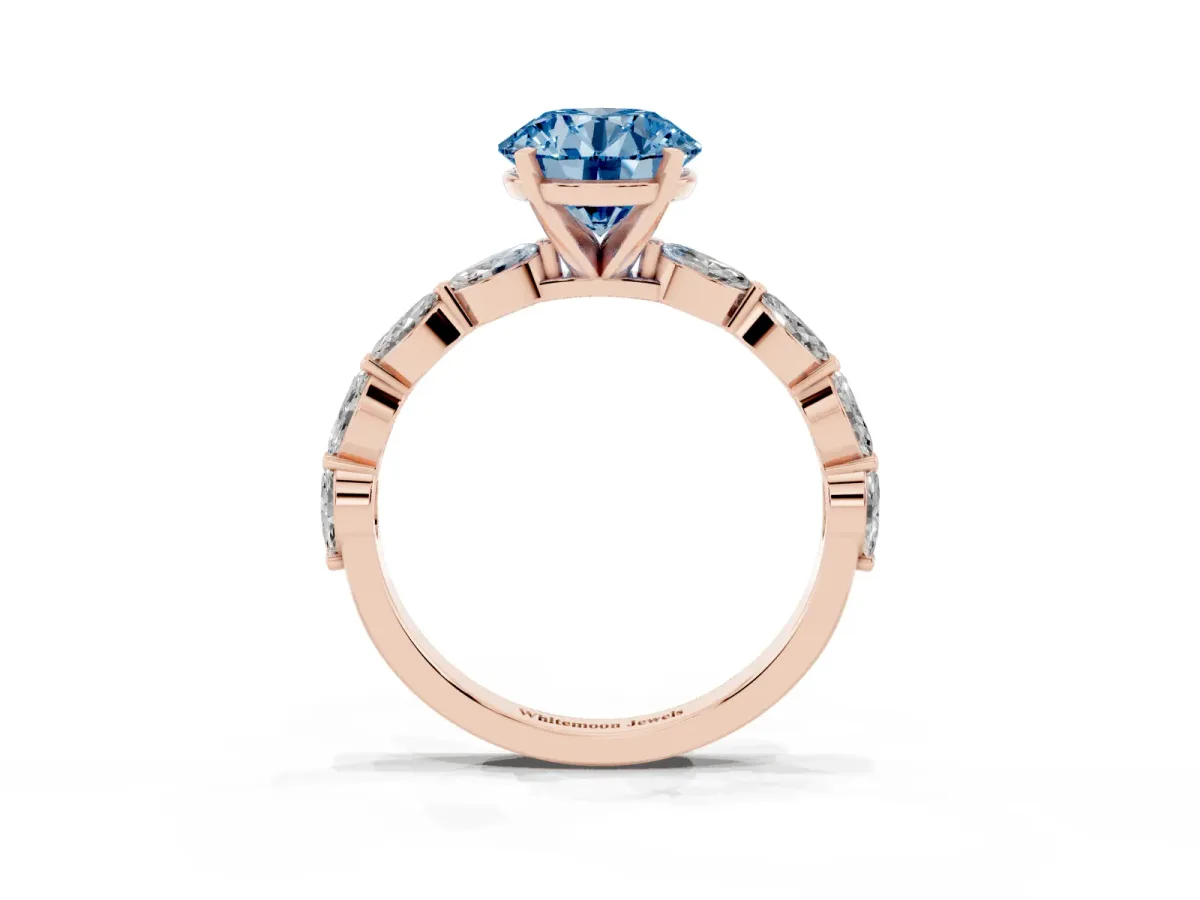 Fancy Blue Round Cut Diamond Ring with Marquise Side Stones and Prong Setting Rose gold
