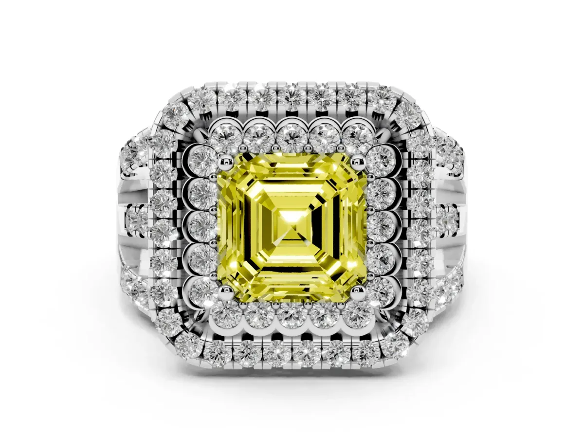 Fancy Yellow Asscher Cut Diamond Double Halo Ring with Round Pavé Split Shank and Prong Setting Silver