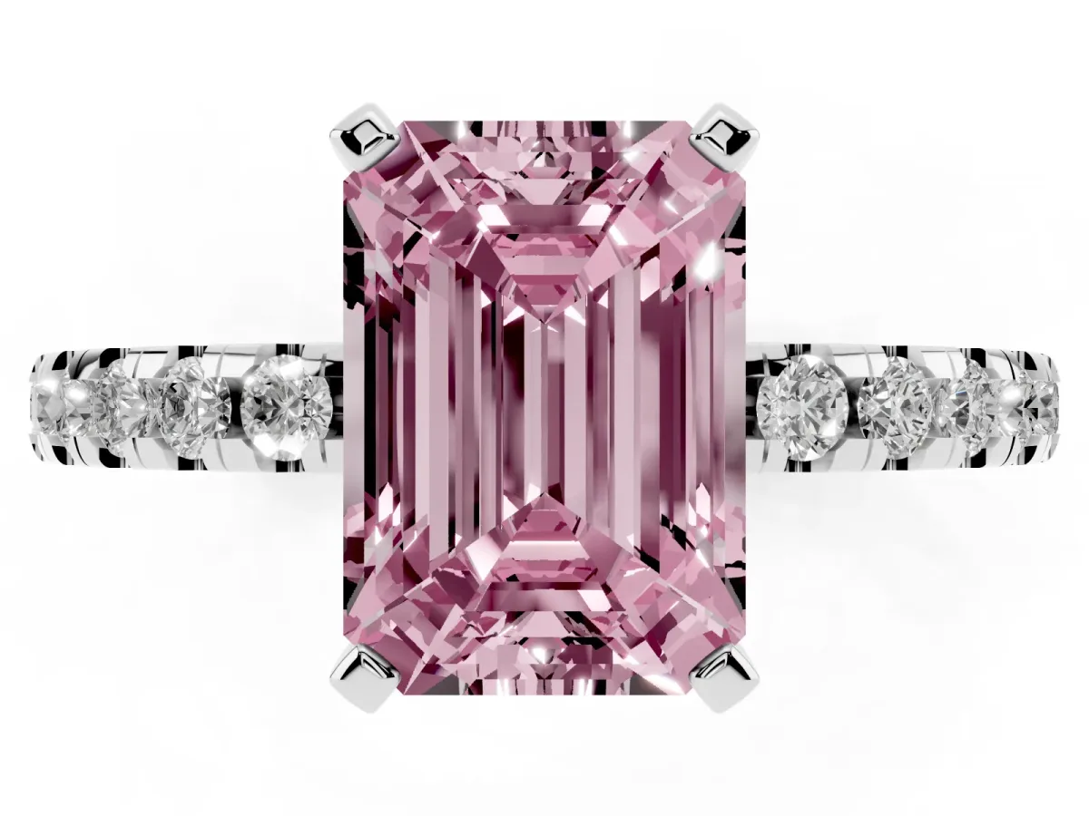 Fancy Pink Emerald Cut Diamond Solitaire Ring with Round Pavé Band and Four-Prong Setting Silver