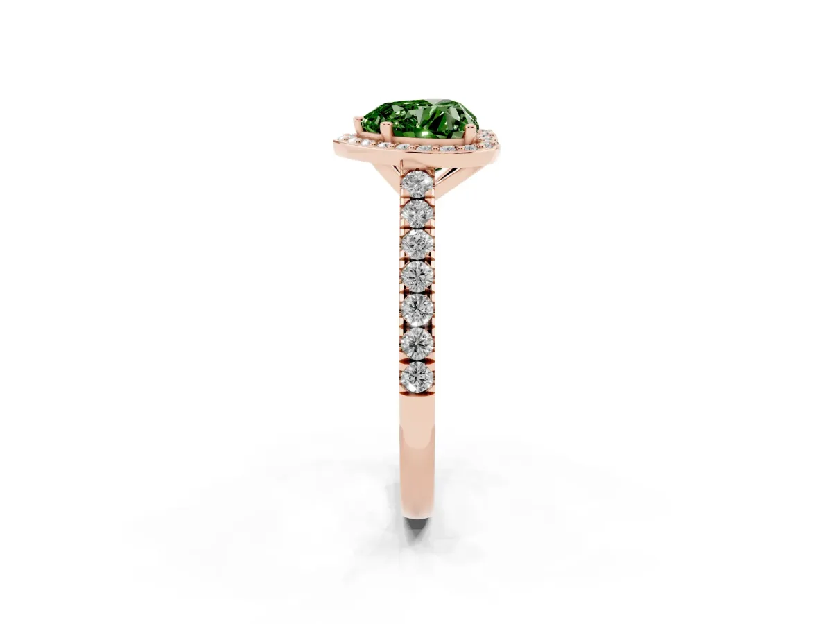 Fancy Green Heart Cut Cut Halo Diamond Engagement Ring with Pave Band and Four-Prong Setting Rose gold