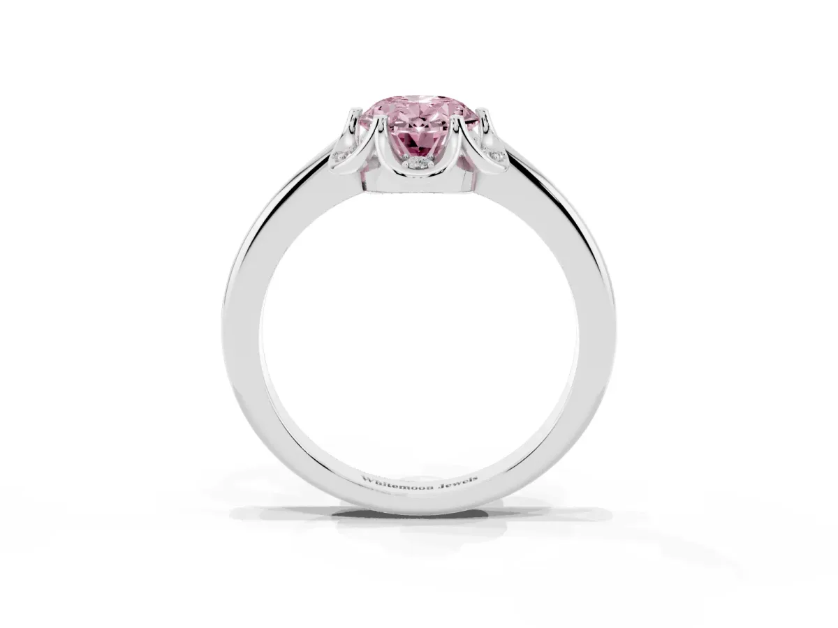 Fancy Pink Oval Cut Halo Diamond Ring with Round Cluster Setting, Solitaire Band, and Four-Prong Setting White gold