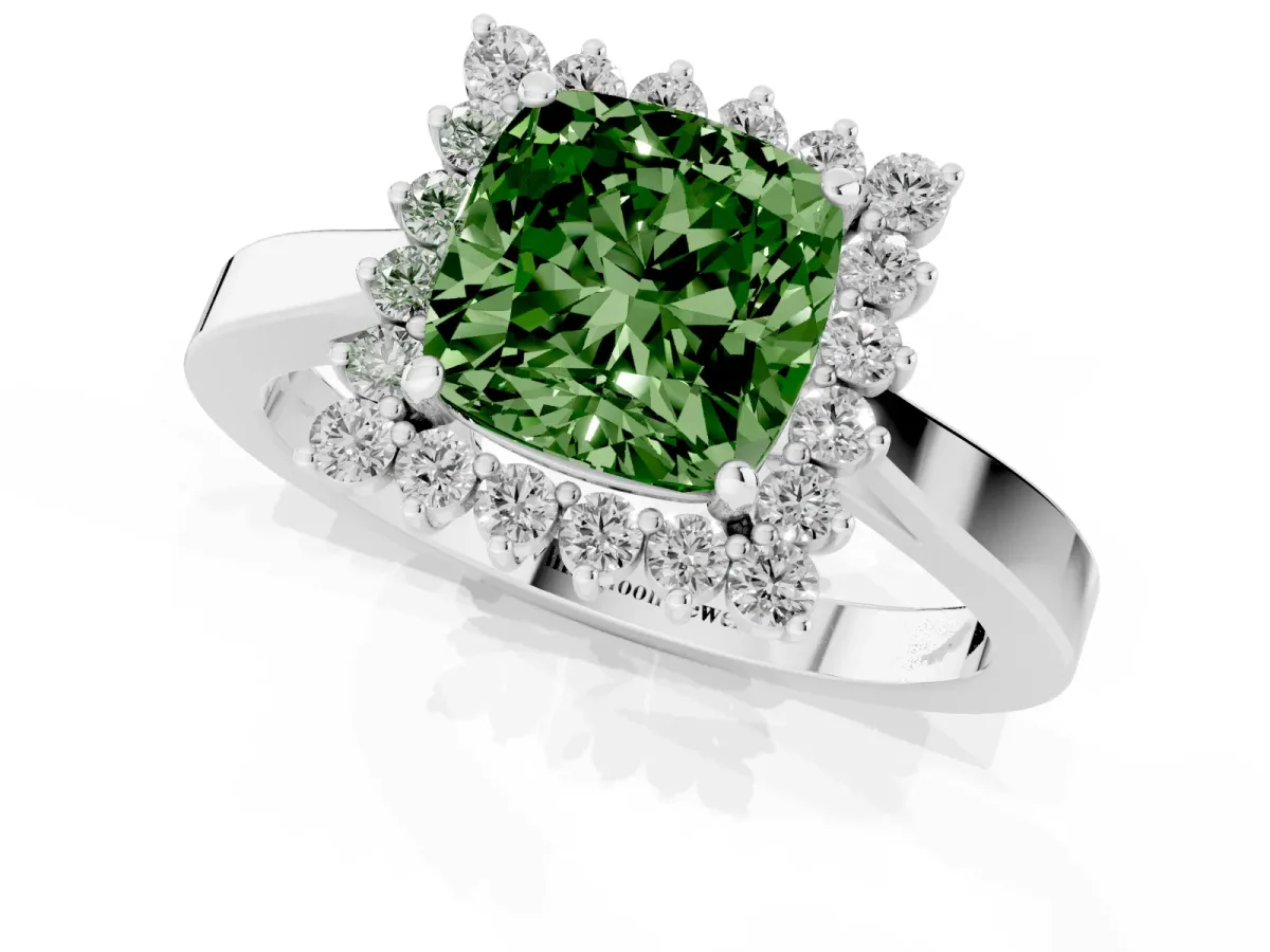 Fancy Green Cushion Cut Cut Diamond Halo Ring with Round Brilliant Halo and Solitaire Band Silver