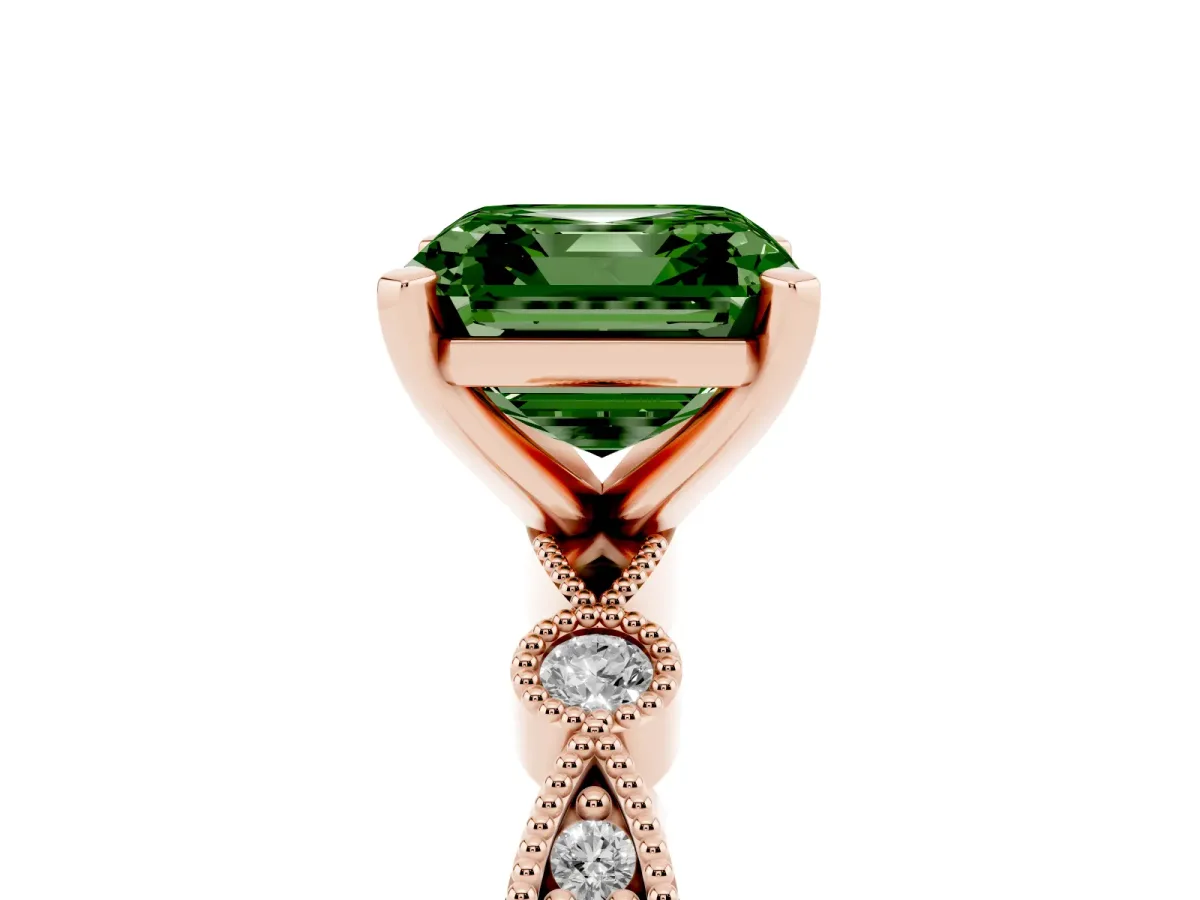 Fancy Green Asscher Cut Milgrain Bezel Diamond Engagement Ring with Solitaire Prong Setting Rose gold